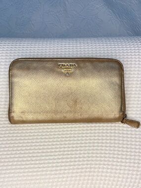 Prada Metallic Gold Saffiano Zip Wallet